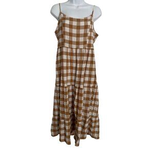 Forever 21 Brown & White Gingham Maxi Dress Tiered Skirt M Cottage Peasant